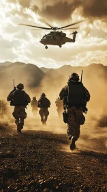 Dusty combat patrol under low tactical helicopter support.