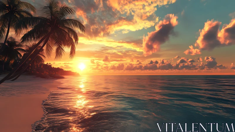 Sunset illuminates tropical beach with palm trees and waves