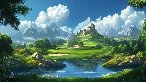 Fantasy mountain golf course beside reflective lake panorama.