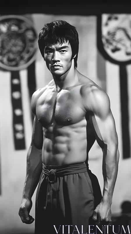 Martial artist in intense monochrome studio portrait.