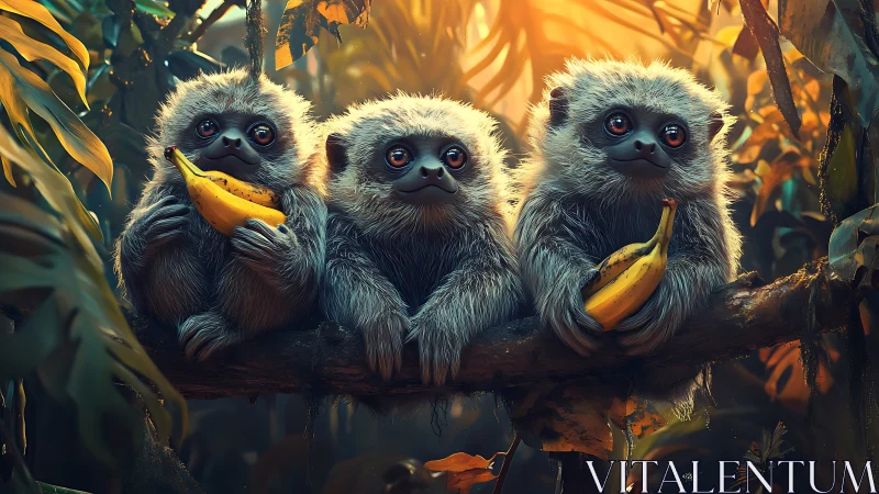 Three fluffy jungle creatures holding bananas on branch.