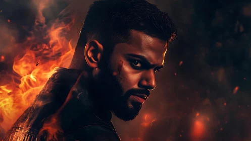 Intense male portrait in cinematic firelit digital painting