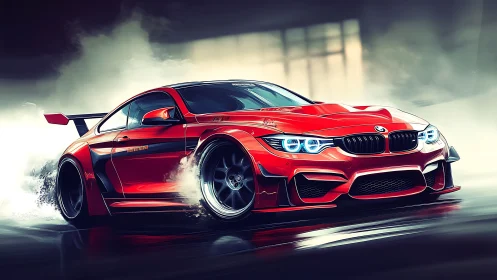 Red drift car slices through misty track with vivid energy