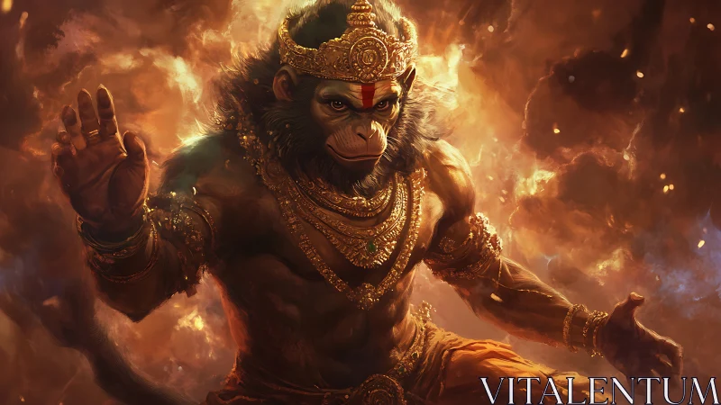 Digital painting of divine simian warrior amid blazing aura.