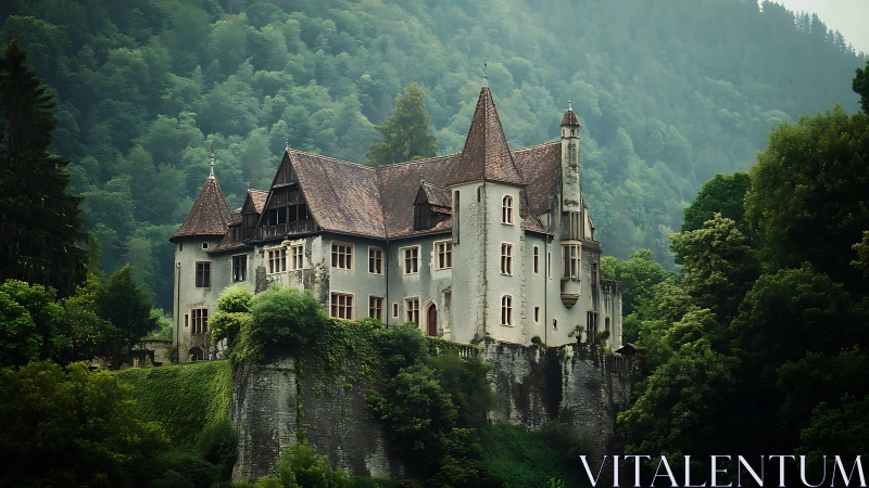 Hilltop medieval castle rises above misty forest valley