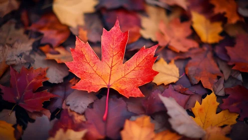 Lone scarlet maple leaf quietly steals the autumn spotlight