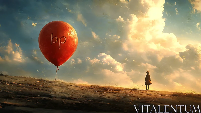 Red balloon and solitary child on open slope under clouds.
