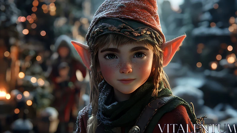 Rendered elf child portrait shows detailed winter clothing