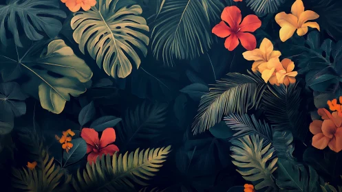 Lush tropical leaves and glowing hibiscus blooms at dusk.