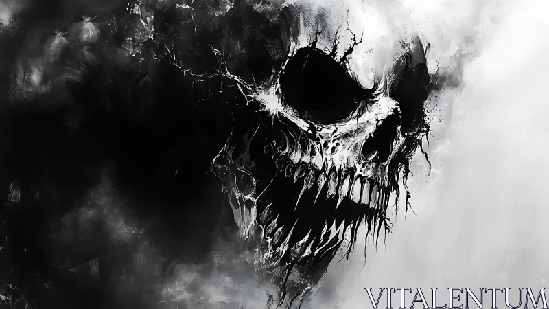 Monochrome skeletal visage emerges from abstract smoke field