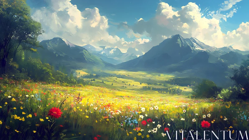 Sunlit alpine meadow glows beneath towering blue peaks.