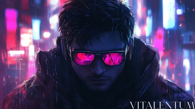 Cyberpunk antihero framed by neon bokeh and reflective visor