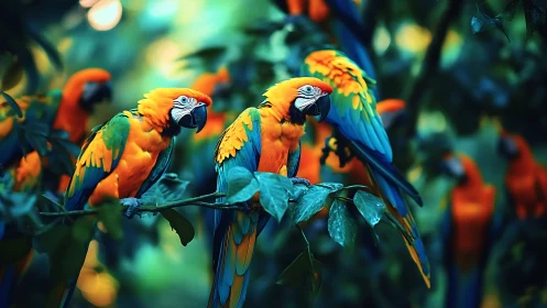 Vibrant macaws perched in lush jungle, vivid photography style.