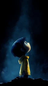 Child in yellow raincoat under ethereal blue spotlight.