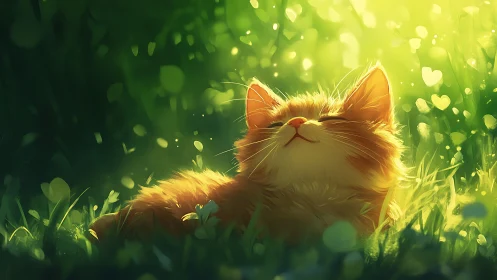 Sunlit ginger kitten rendered in luminous digital brushwork