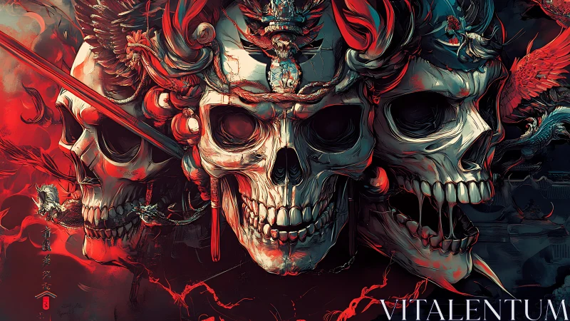 Triadic demonic skull totems in red cyan chromatic fury.