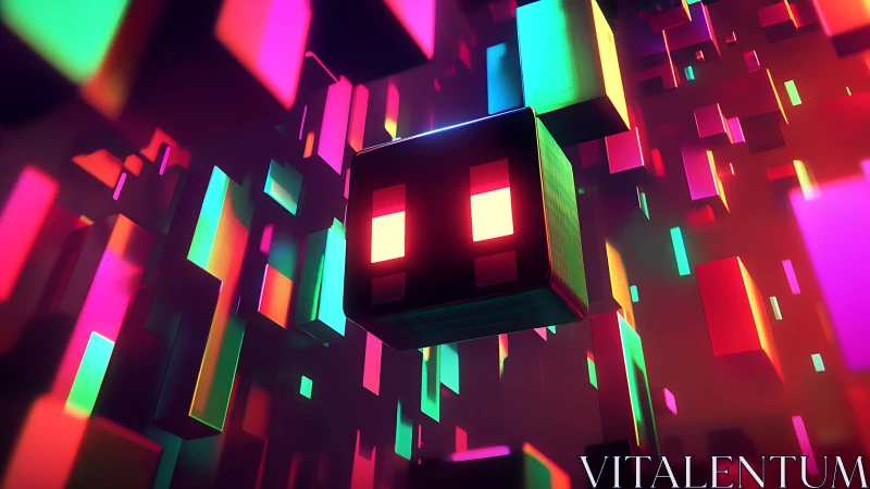 Neon voxel cube drifts through glowing cyber tunnel of light.