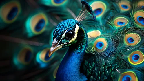 Vibrant peacock portrait with iridescent blue and green feathers.