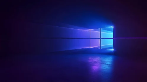 Futuristic glowing Windows logo on dark background, digital art.