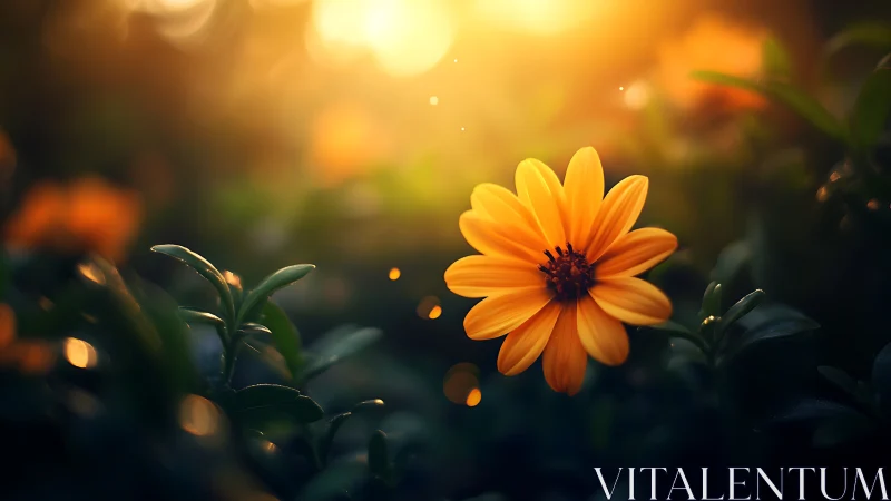 Macro botanical study of golden daisy under backlit bokeh field.