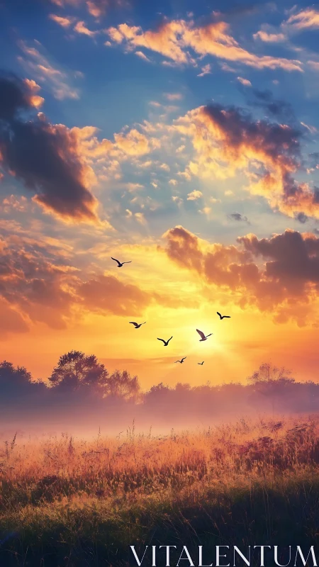 Radiant sunrise over misty meadow with silhouetted birds in flight.