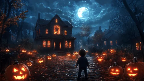 Child stands on jack-o-lantern path facing haunted house at night