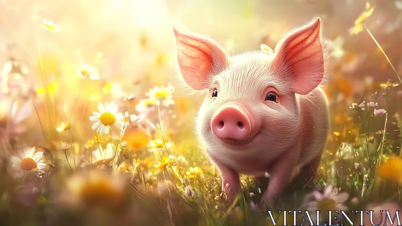 Young pink piglet standing in flower meadow under soft light.