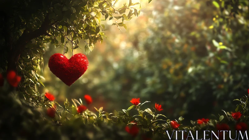 Red Heart Suspended Among Golden Foliage and Blooming Garden.