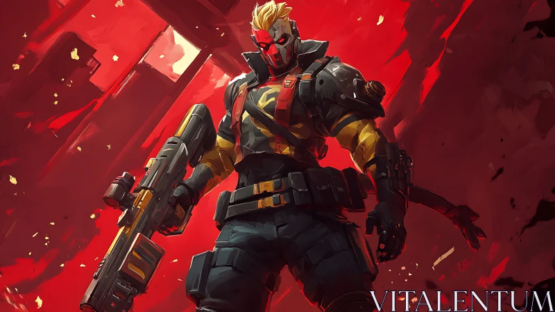 Crimson skyline enforcer stalks a shattered neon battlefield.