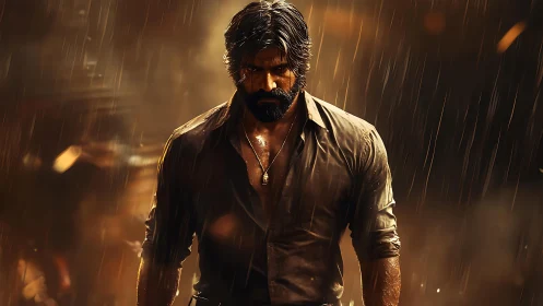 Brooding warrior stands in cinematic rain-soaked inferno.