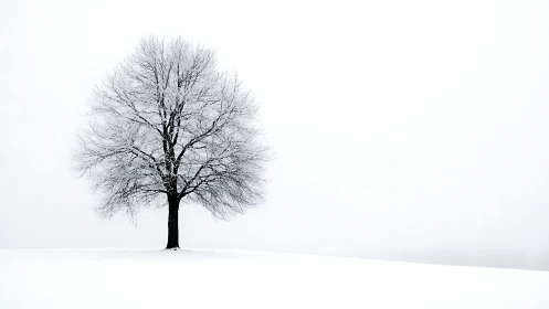 Solitary winter tree on minimal snowfield horizon line.