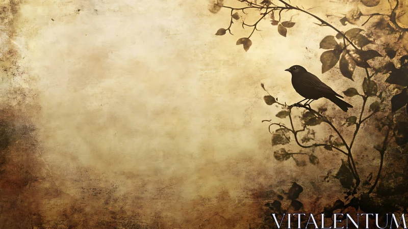 Solitary bird silhouette rests on vine against textured dusk