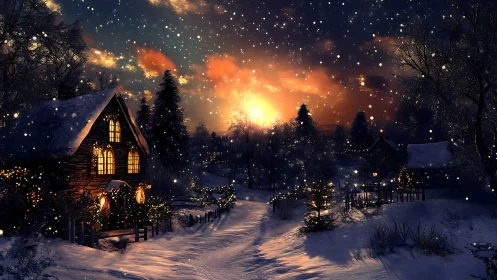 Snowy cottage at dusk with glowing windows and snowfall.