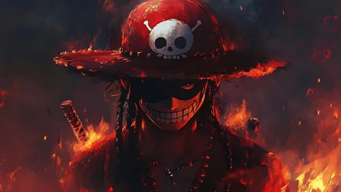 Masked pirate figure in red hat amid surrounding flames.