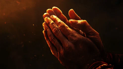 Gentle, weathered hands rest in quiet, glowing prayer