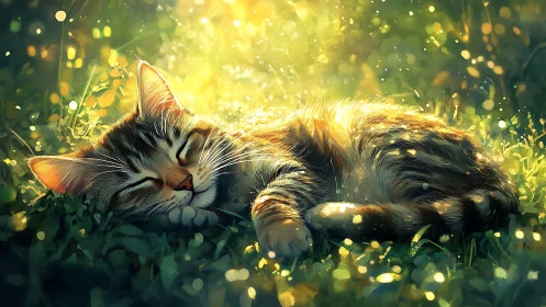 Sunlit feline repose under bokeh-diffused forest luminance.