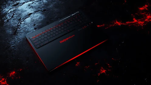 Midnight gaming laptop hovers above lava-lit obsidian floor.