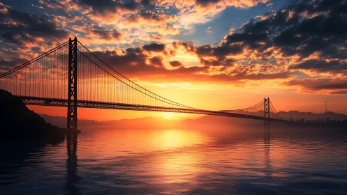Golden suspension bridge spans a glowing ocean sunset.