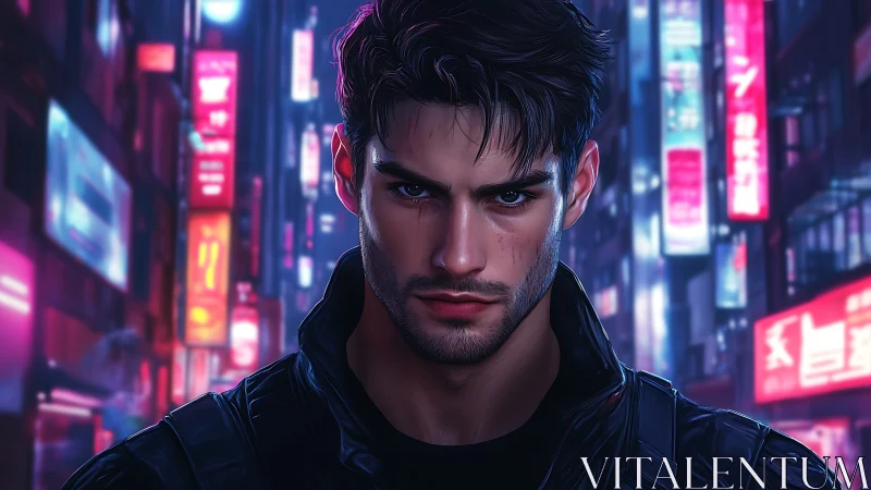 Male figure in neon city street with illuminated signage.