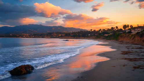 Photorealistic coastal sunset with reflective shoreline composition.