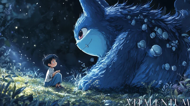 Child facing large blue creature in moonlit forest clearing.