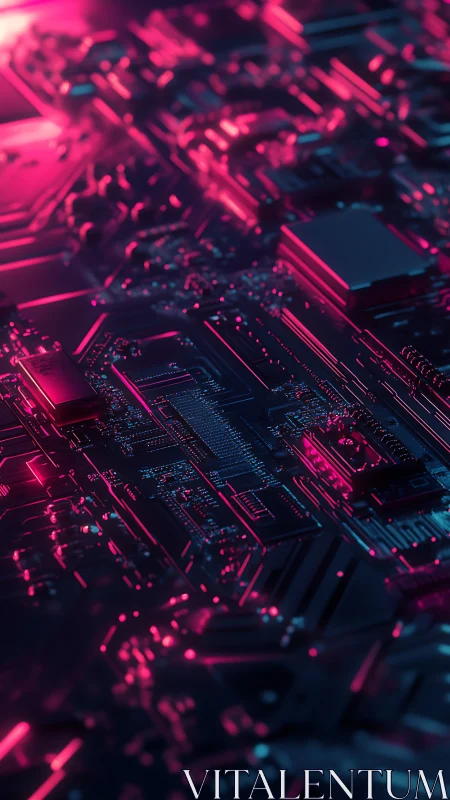 Neon circuit board glows with intense magenta highlights.