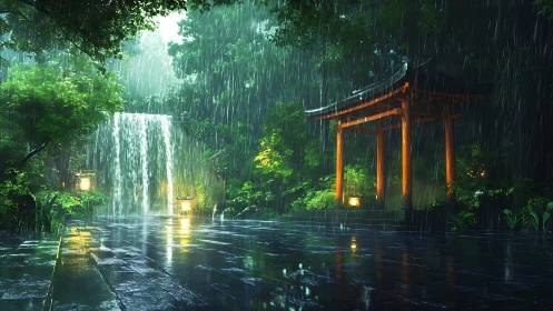 Digital painting of rainy shrine courtyard with waterfall focus.