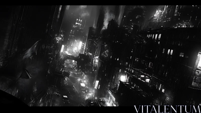 Midnight rain over a neon-soaked futuristic city street.