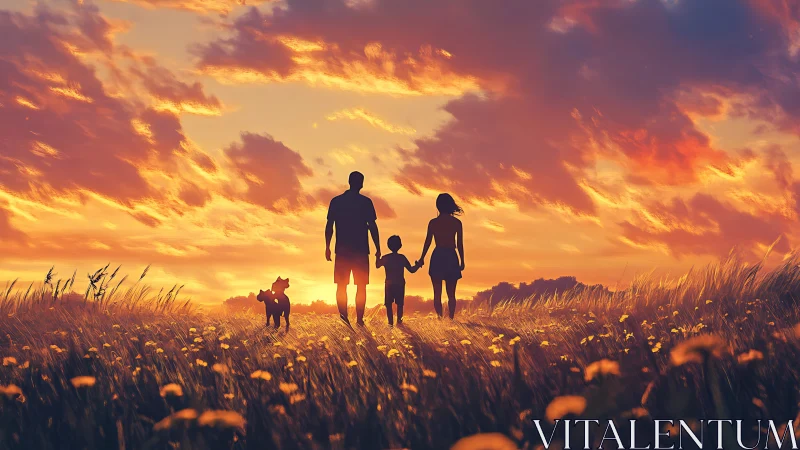 Silhouetted family walking dog through sunset meadow.