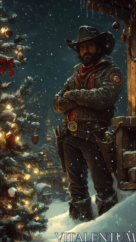 Digital painting of western cowboy in snowy Christmas scene.