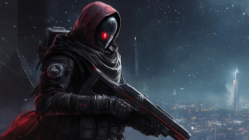 Lone futuristic guardian keeps silent watch above the city