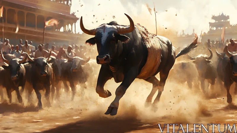 Thundering bull charge through a sunlit festival arena.