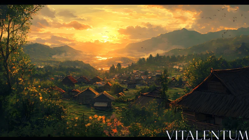 Sunlit mountain village valley under glowing sunset sky.