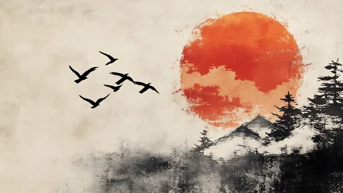 Crimson sun over quiet pines and homeward flying birds.